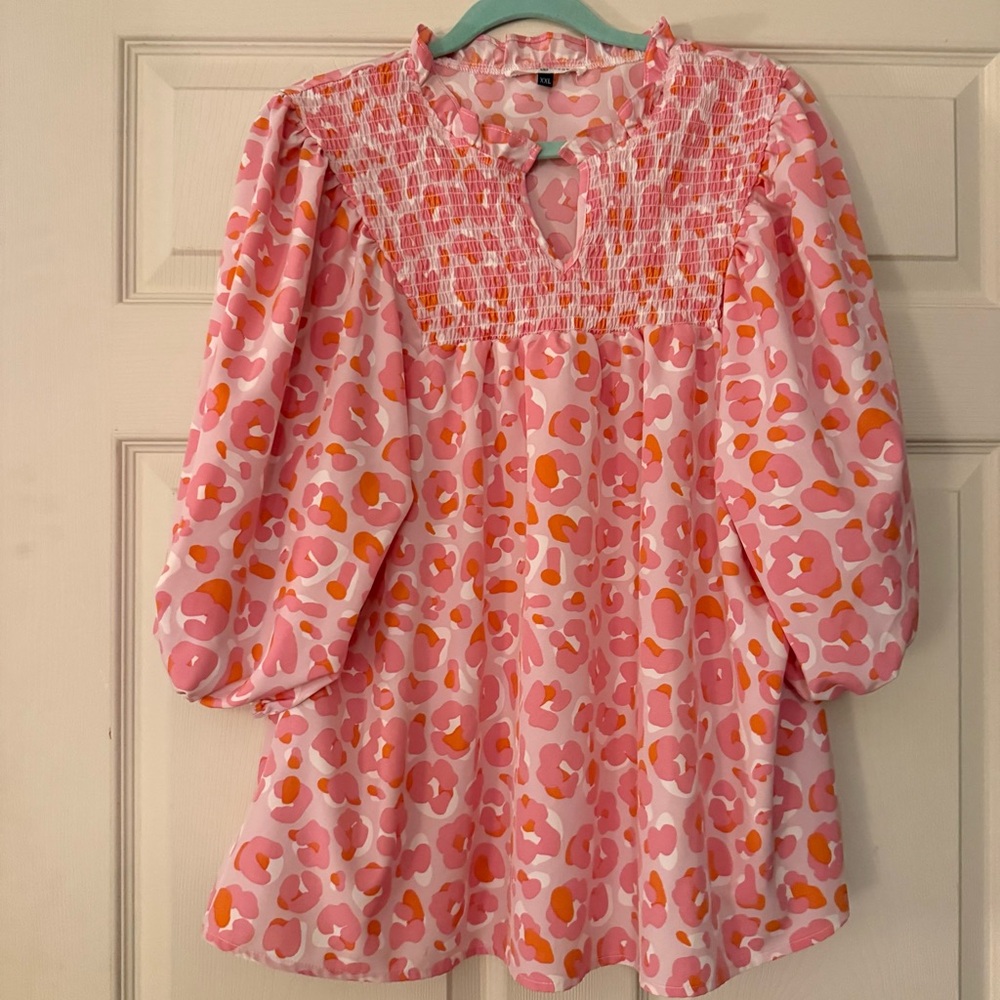 Michelle McDowell /Mary Square XXL Pink Leopard Smocked Babydoll Blouse